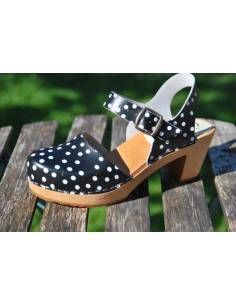 Women Wood and black leather polka dot high heel natural wooden shoes