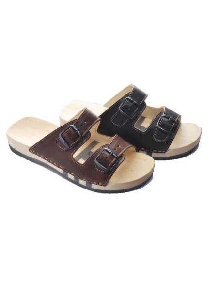 Claquettes bois FLEX en cuir noir ET choco