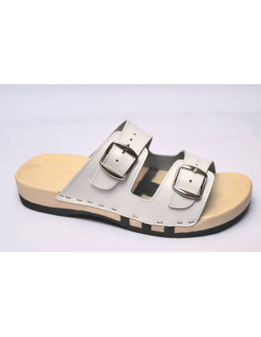 Claquettes bois FLEX en cuir double boucle blanc