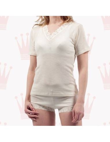 women's Shirt black or off-white Wool and Silk short sleeves