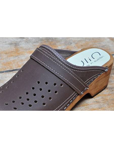 Sueco zuecos de madera cuero