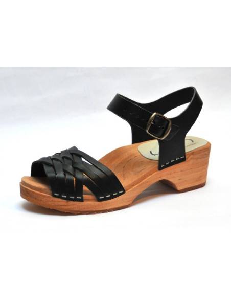Sandales suédoises basses en bois et cuir tresse noir