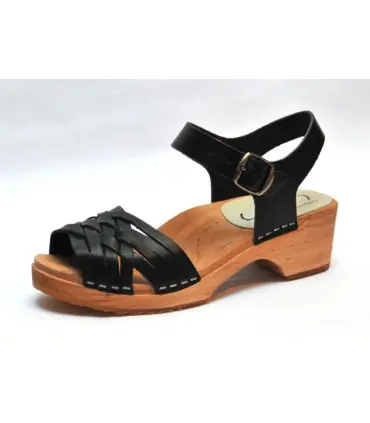 Sandales suédoises basses en bois et cuir tresse noir