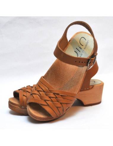 Swedish wooden Sandals cognac braided leather for woman