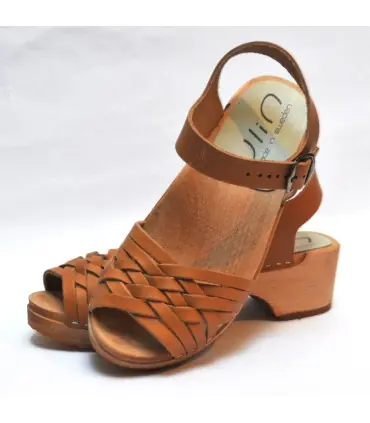 Swedish wooden Sandals cognac braided leather for woman