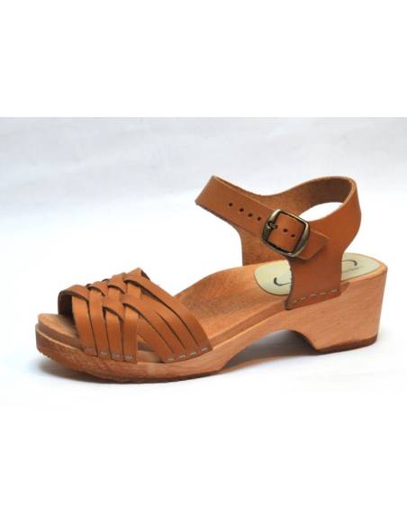 Swedish wooden Sandals cognac braided leather for woman