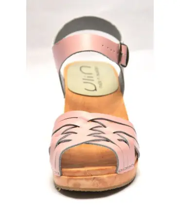 Sandales suédoises femme en cuir tressé et talon haut bois rose style scandinave talon de 8 cm féminin 