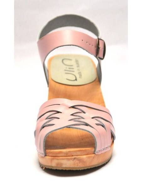Women high heels Swedish wooden Sandals in braided leather pink or beige