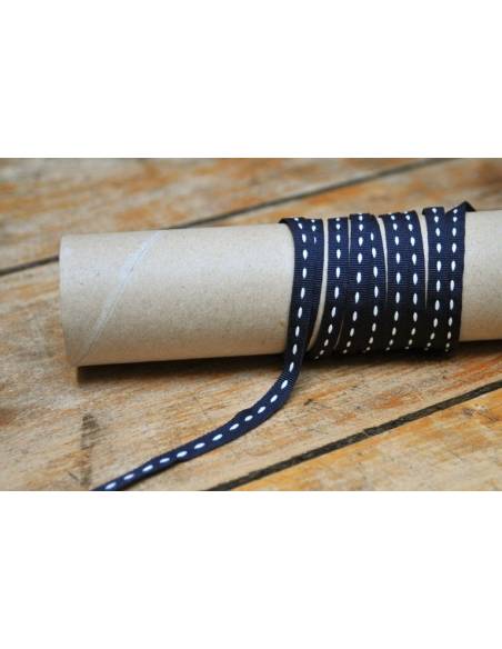 Ruban gros grain bleu marine brogé blanc