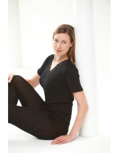 women's Shirt black or off-white Wool and Silk short sleeves