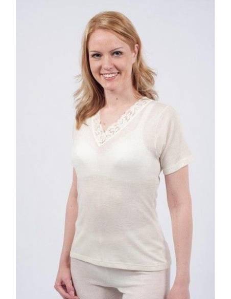 women's Shirt black or off-white Wool and Silk short sleeves