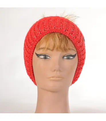 Bonnet femme laine chinée et pompon rouge