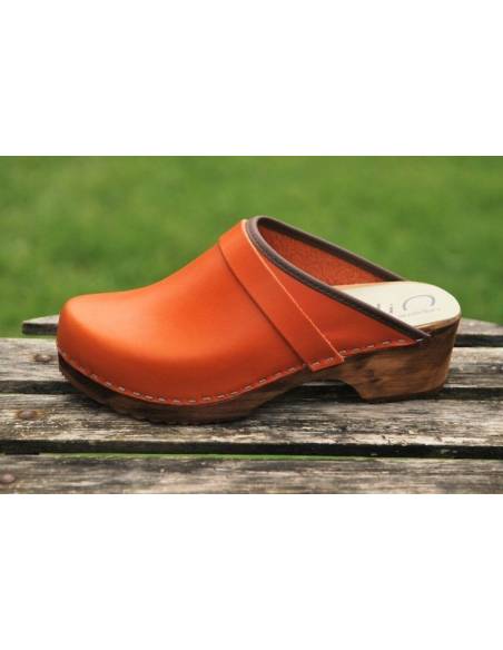 Frauen schwedische orange Leder Holzschuhe 