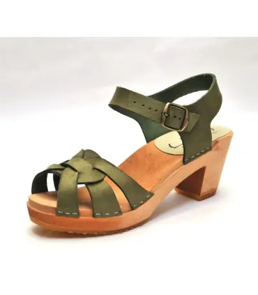Women  high heels Swedish wooden Sandals in kaki leather 
