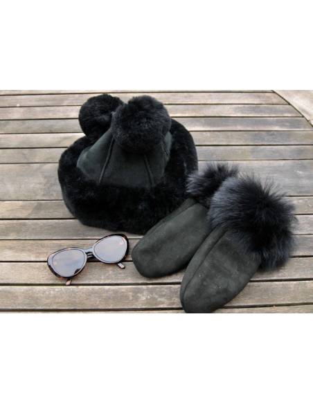Toque femme en peau de mouton retournée noir