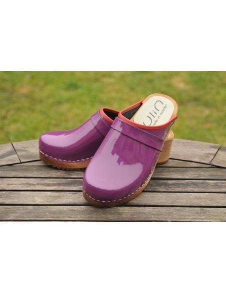 Sueco zuecos de madera cuero charolado mujer