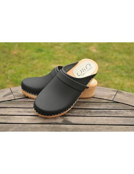 Sabots suédois femme bois en nubuck noir