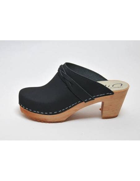 Women heels high wooden Swedish clogs and vegetal leather and nubuck