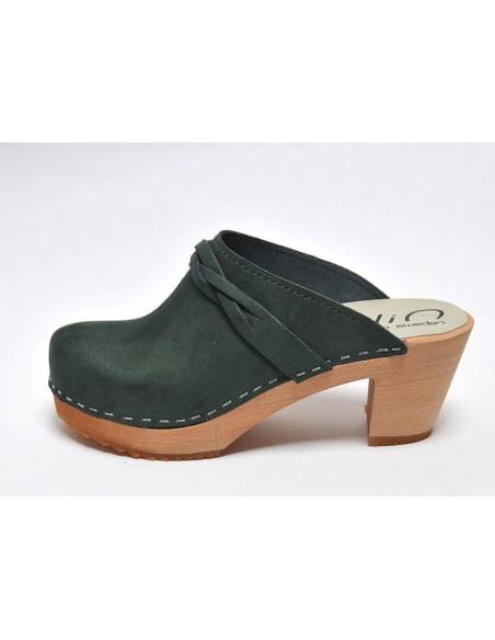 Women heels high wooden Swedish clogs and vegetal leather and nubuck