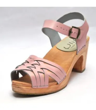 Sandales suédoises femme en cuir tressé et talon haut bois rose bride féminine en cuir sous la cheville plein de charme