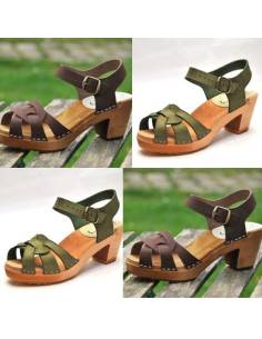 Frauen Schwedische Holz  Sandalen in Nubuck Leder und hohe Abasatze