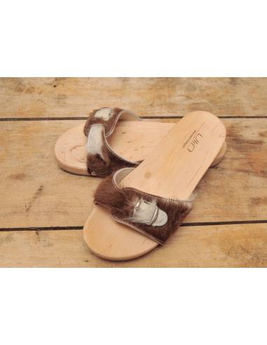 Woman wooden sandals in bicolor wild leather