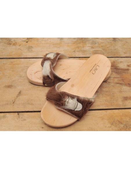 Woman wooden sandals in bicolor wild leather 