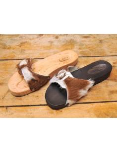 Woman wooden sandals in bicolor wild leather 