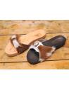 Claquettes femme en bois et cuir sauvage bicolore