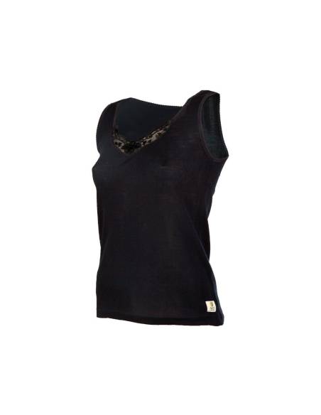 Débardeur avec dentelle femme pure laine mérinos noir  