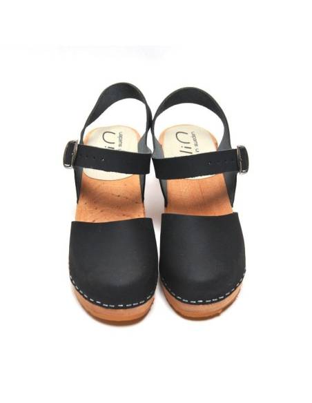 Chaussures bois et cuir à pois à talons hauts et brides femmes