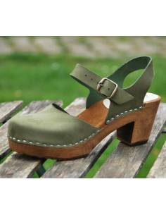 Women Swedish wooden and nubuck leather heeled sandals 2