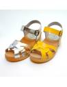 Women's Swedish wooden Sandals flat sole peep toe in yellow or silver leather