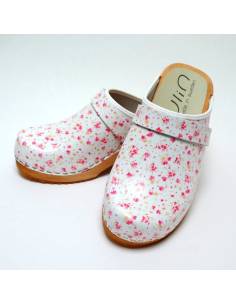Sabots suédois jardinage femme bois et cuir liberty motifs à fleurs rose jaune  2