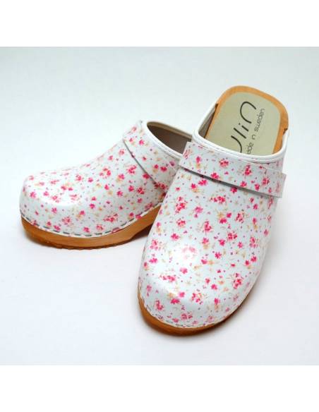 Sabots suédois femme bois et cuir liberty rose