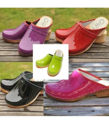 Sueco zuecos de madera cuero charolado mujer