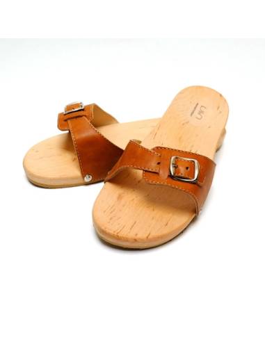 Claquettes mules en bois et cuir moka