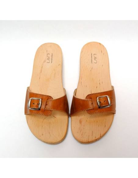 Claquettes mules en bois et cuir moka