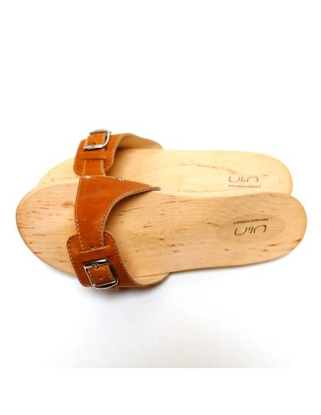 Claquettes mules en bois et cuir moka