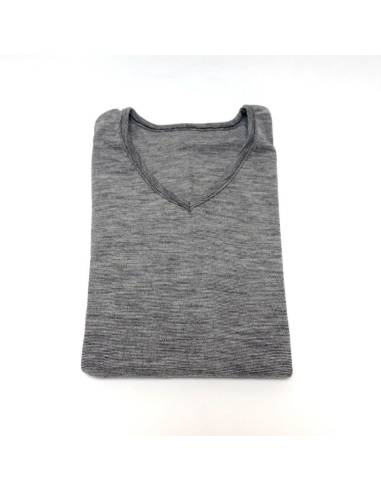 Maillot manches courtes homme en laine et soie gris chiné col V