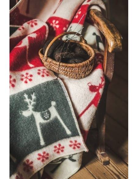 Plaids Muster rot grau naiv Rentier 100 % Wolle