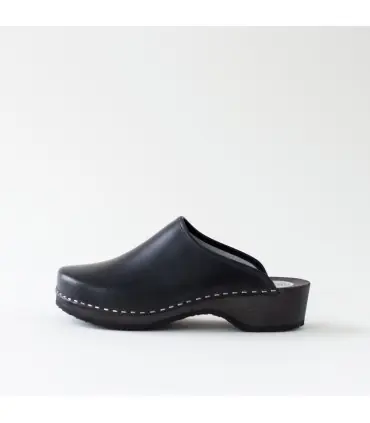 Sabots finlandais en bois et cuir homme noir semelle noire