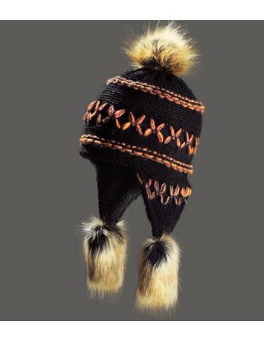 Bonnet péruvien tricoté grosses côtes doublé polaire noir orange