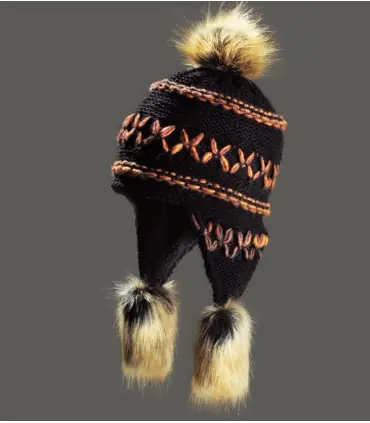 Bonnet péruvien tricoté grosses côtes doublé polaire noir orange