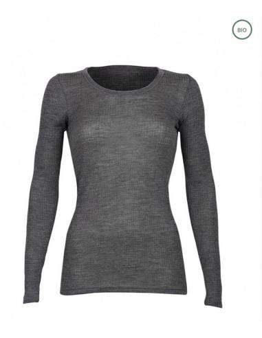 women's rib collar shirt long sleeves in pure grey merino wool