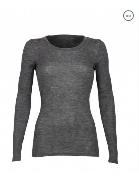 Maillot femme col rondpure laine mérinos gris ou noir côtelé