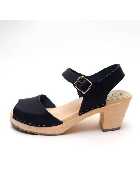 Sandales suédoises femme bois cuir végétal talons hauts bleu nuit