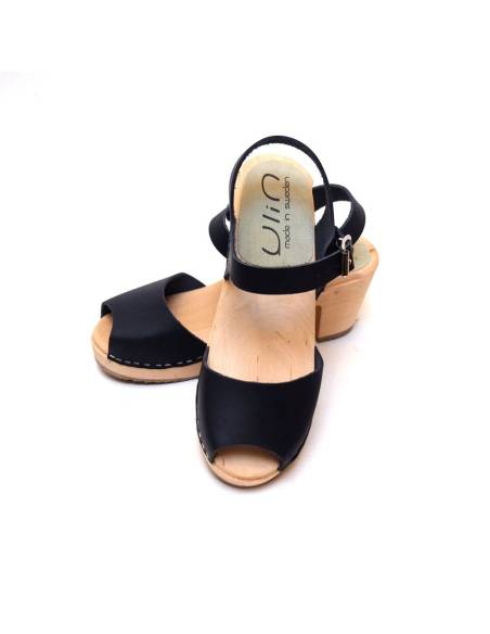 Sandales suédoises femme bois cuir végétal talons hauts bleu nuit