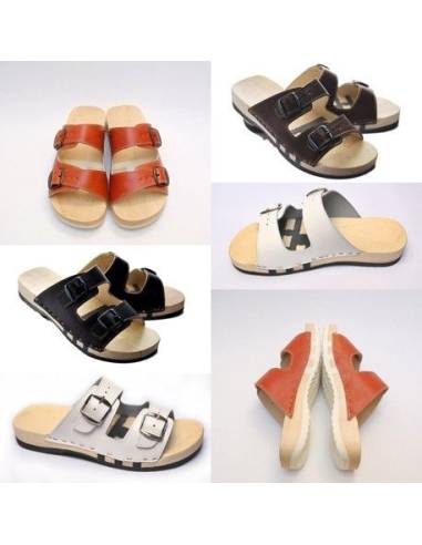 Claquettes bois en cuir double boucle avec semelle mixte bois et caoutchouc