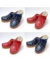 Damen Schwedische Holzschuhe Polka Punkte Leder